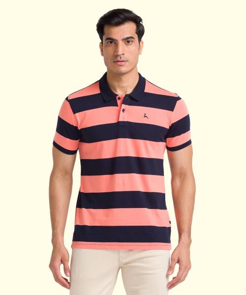 PARX Striped Men Polo Neck Pink, Navy Blue T-Shirt