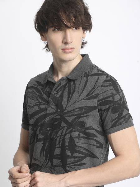 THE BEAR HOUSE Printed Men Polo Neck Grey T-Shirt