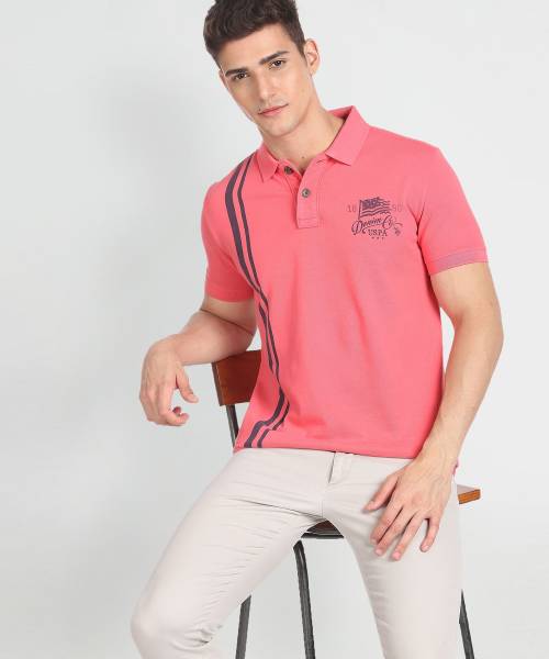 U.S. POLO ASSN. Striped Men Polo Neck Pink T-Shirt
