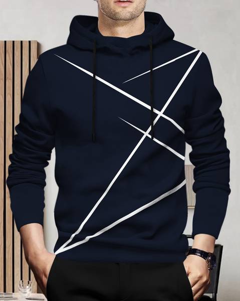 BLIVE Printed Men Hooded Neck Navy Blue T-Shirt
