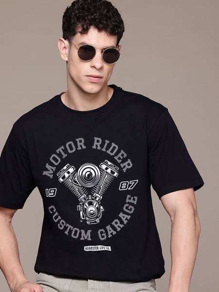 Roadster Printed Men Round Neck Black T-Shirt