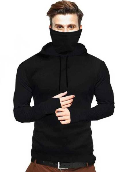 Solid men hooded hot sale neck black t shirt