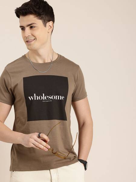 HERE&NOW Printed Men Round Neck Brown T-Shirt