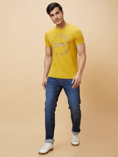 BEING HUMAN Printed, Typography Men Round Neck Yellow T-Shirt