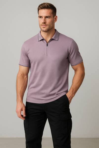 METRONAUT Self Design Men Polo Neck Pink, Purple T-Shirt