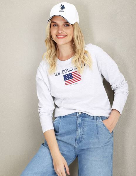 U.S. POLO ASSN. Self Design Women Round Neck White T-Shirt