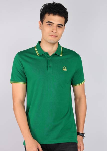 United Colors of Benetton Solid Men Polo Neck Green T-Shirt