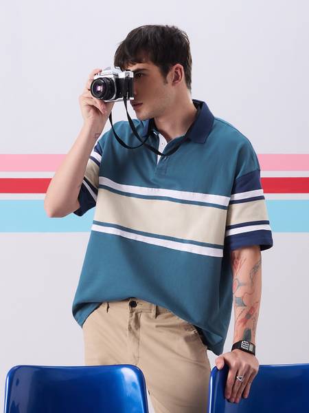 The Souled Store Colorblock Men Polo Neck Blue T-Shirt