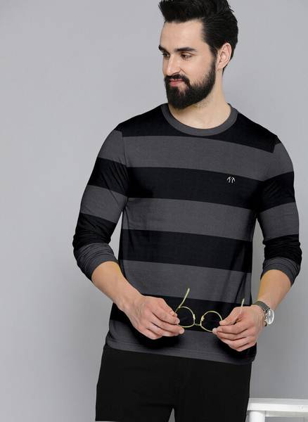 Triptee Striped Men Round Neck Black, Grey T-Shirt