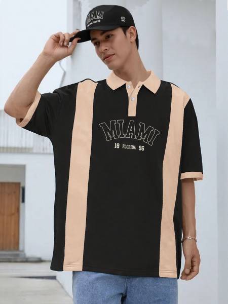 Jump Cuts Printed Men Polo Neck Black, Beige T-Shirt