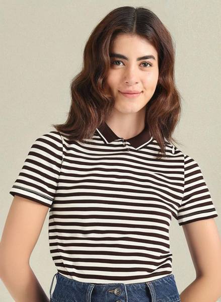 MACK JONNEY Striped Women Polo Neck Brown T-Shirt