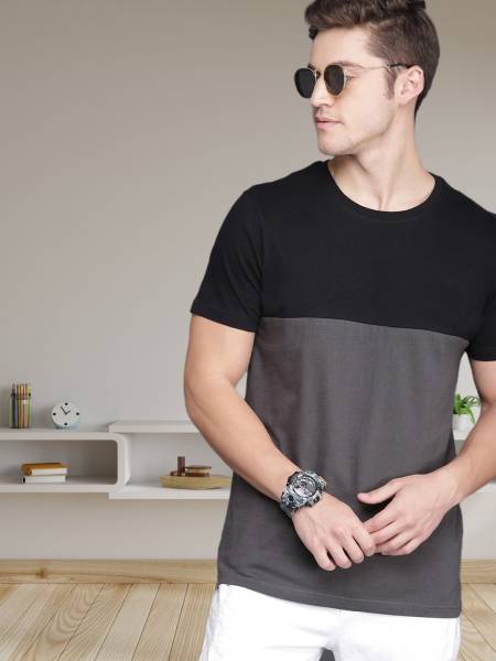 HOLDIT Colorblock Men Round Neck Black, Grey T-Shirt