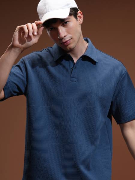 HIGHLANDER Self Design Men Polo Neck Blue T-Shirt