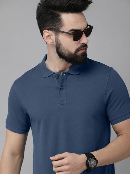 Roadster Solid Men Polo Neck Dark Blue T-Shirt