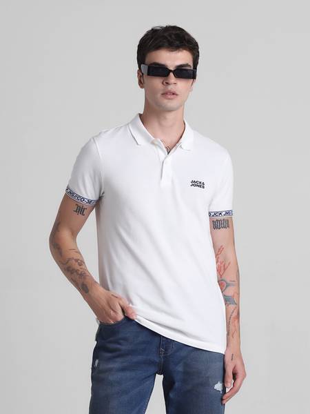 JACK & JONES Solid Men Polo Neck White T-Shirt