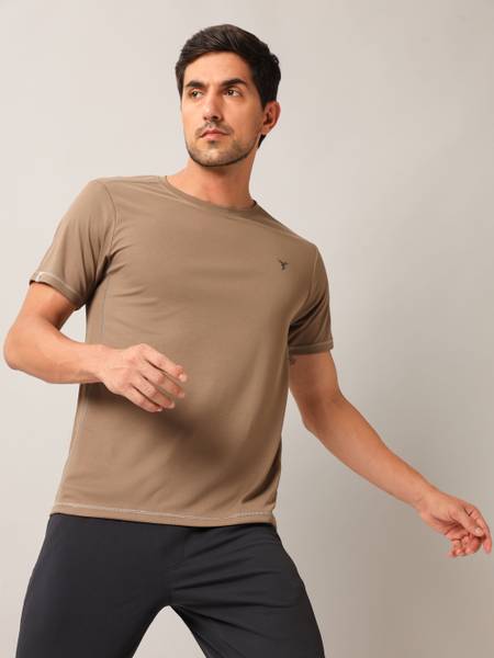 TECHNOSPORT Solid Men Round Neck Brown T-Shirt