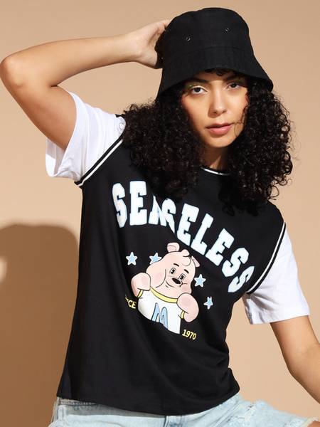 THE DRY STATE Graphic Print Women Round Neck Black T-Shirt