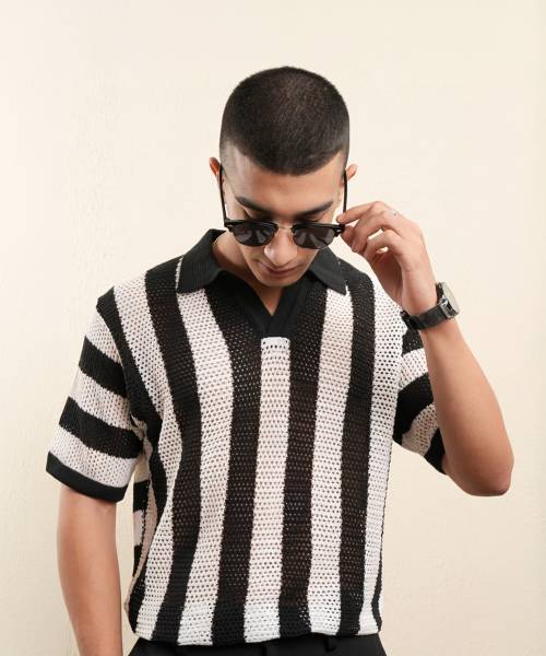 HIGHLANDER Solid, Striped Men Polo Neck White T-Shirt