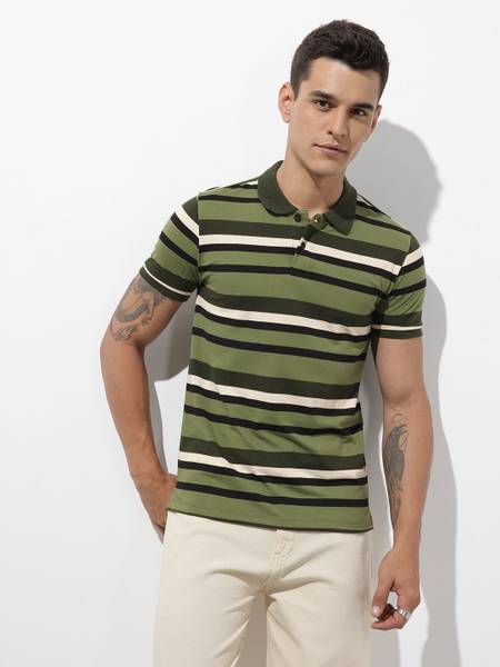 Roadster Striped Men Polo Neck Green T-Shirt
