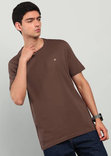 Raymond Solid Men Round Neck Brown T-Shirt