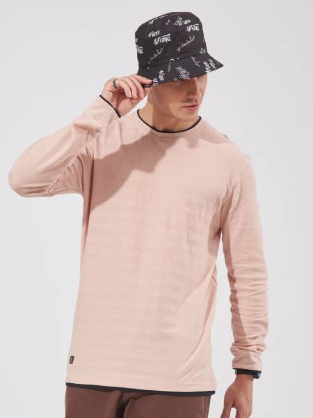 MANIAC Self Design Men Round Neck Pink T-Shirt