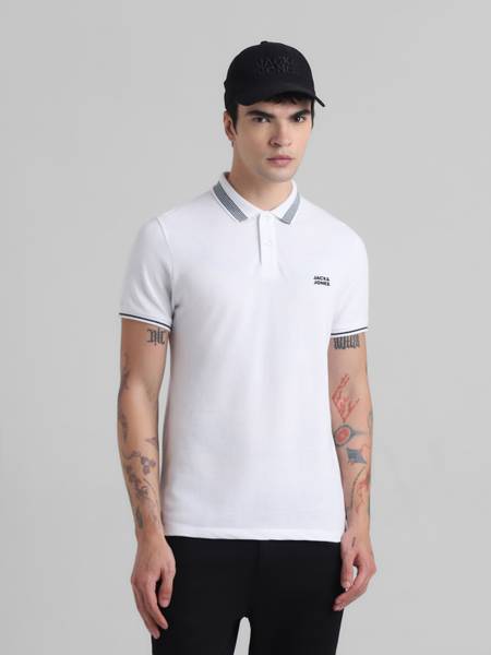 JACK & JONES Solid Men Polo Neck White T-Shirt