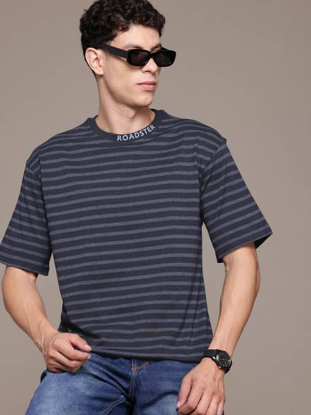 Roadster Striped Men Round Neck Blue T-Shirt