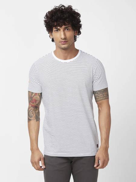 Spykar Striped Men Round Neck White, Black T-Shirt