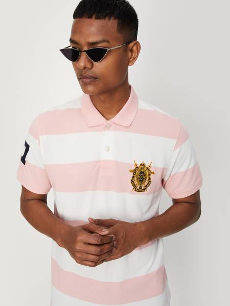 MAX Striped Men Polo Neck Pink T-Shirt