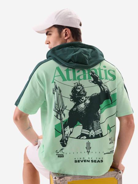 The Souled Store Printed, Typography Men Hooded Neck Green T-Shirt