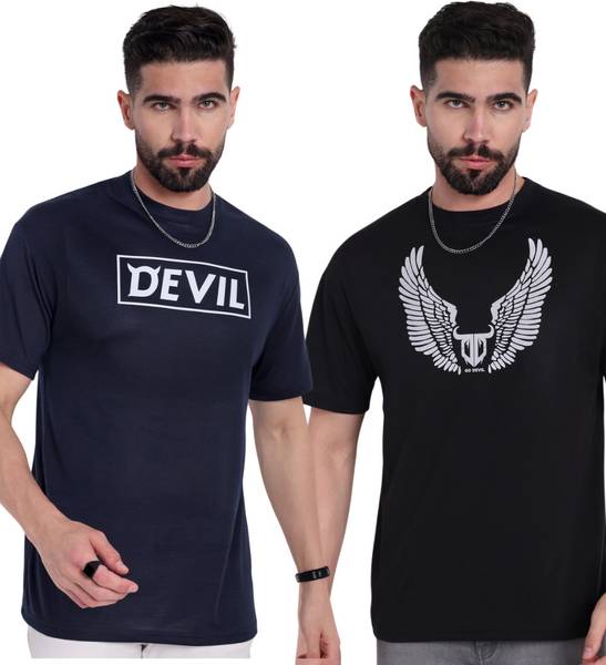 Go Devil Printed Men Round Neck Navy Blue, Black T-Shirt