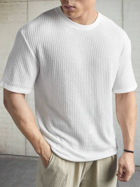 TeeWink Self Design Men Round Neck White T-Shirt