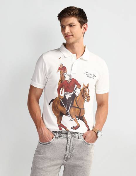 U.S. POLO ASSN. Printed Men Polo Neck White T-Shirt
