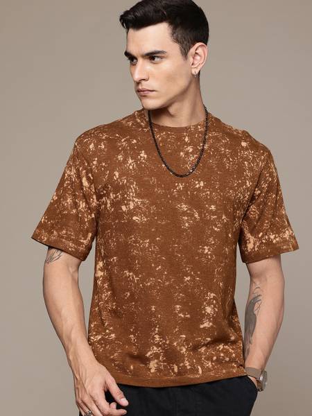 METRONAUT Washed Men Round Neck Brown T-Shirt