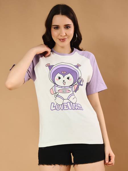 THE DRY STATE Printed Women Round Neck Purple, White T-Shirt