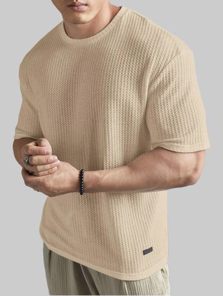 HouseOfCommon Self Design Men Round Neck Beige T-Shirt