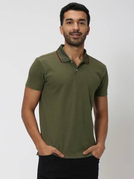 MUFTI Self Design Men Polo Neck Green T-Shirt