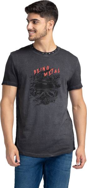 BEING HUMAN Printed Men Round Neck Grey T-Shirt