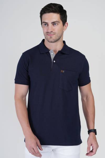 Polo Plus Solid Men Polo Neck Navy Blue T-Shirt