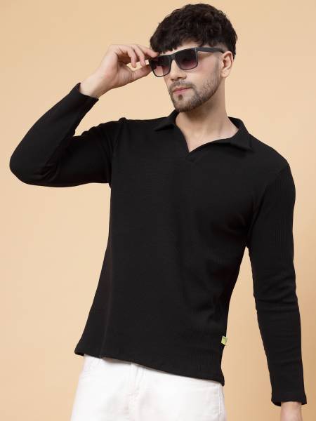 RIGO Solid Men Polo Neck Black T-Shirt