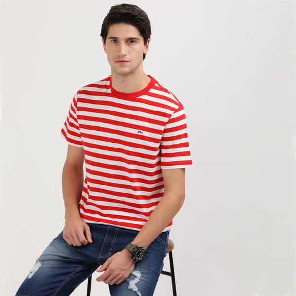 TOMMY HILFIGER Striped Men Round Neck Red T-Shirt