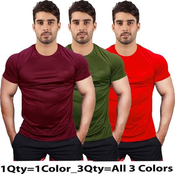UDI n ADI Solid Men Round Neck Maroon, Dark Green, Red T-Shirt