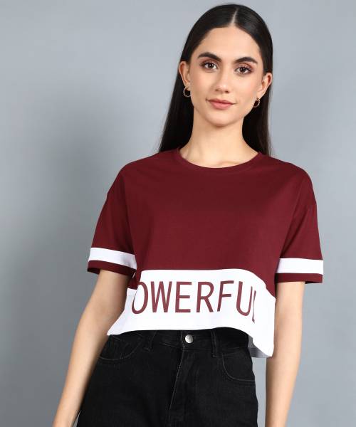 METRONAUT Printed Women Round Neck Maroon T-Shirt