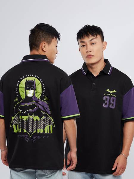 The Souled Store Printed, Typography Men Polo Neck Black T-Shirt