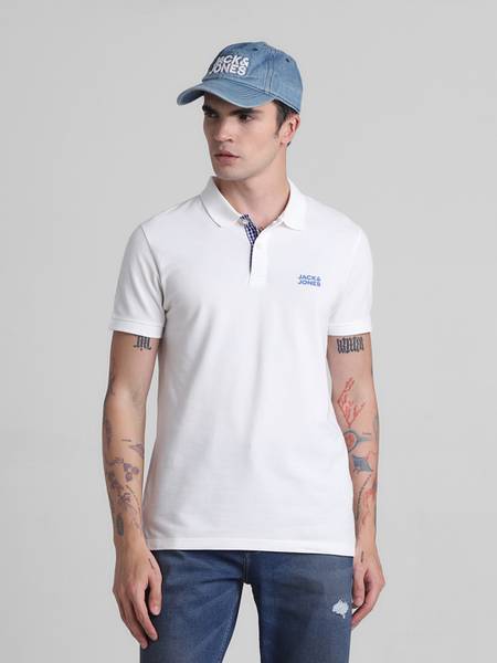 JACK & JONES Solid Men Polo Neck White T-Shirt