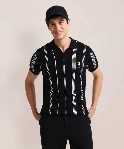U.S. POLO ASSN. Striped Men Polo Neck Black T-Shirt