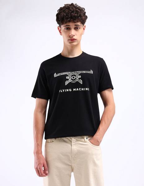 FLYING MACHINE Printed Men Crew Neck Black T-Shirt