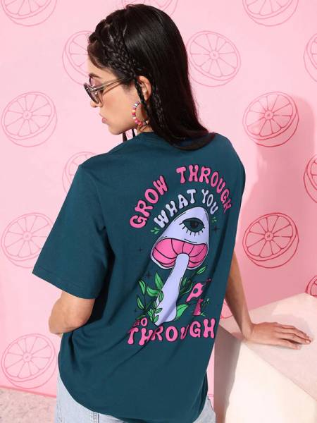Fabflee Printed, Typography Women Round Neck Green T-Shirt