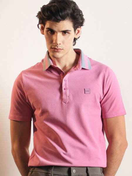 RARE RABBIT Solid Men Polo Neck Pink T-Shirt