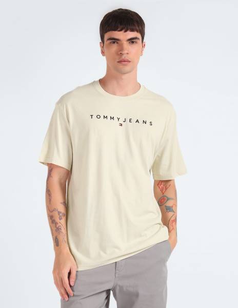 TOMMY HILFIGER Self Design Men Round Neck Beige T-Shirt